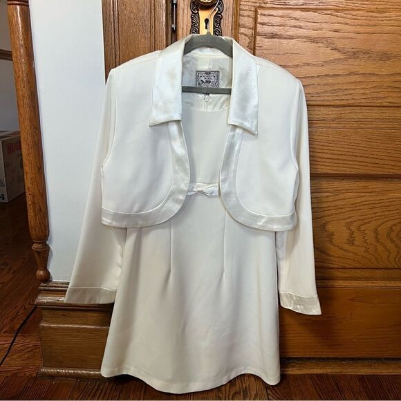 Vintage 1990s y2k Girls Ivory 2 Piece Formal Bow Dress and Jacket Set - Picture 7 of 9